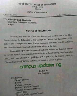 Kogi State College of Education Announces Resumption Date