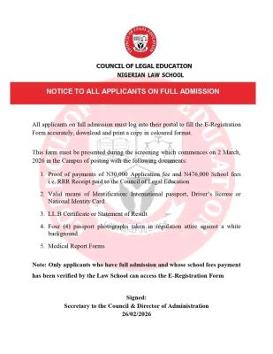 Nigeria Law School notice to applicants on Full time Admission