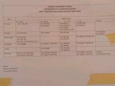 FUGUS 1st semester lecture time table for 2021/2022 session