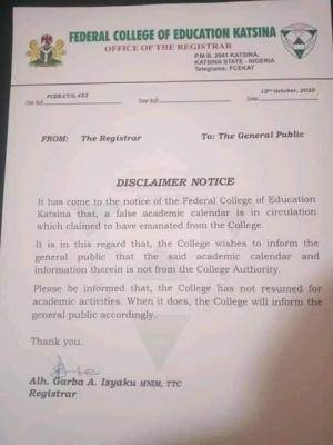 Federal College of Education Katsina resumption disclaimer
