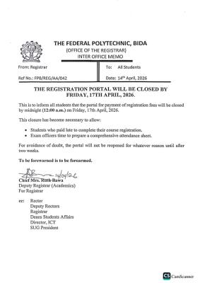 Fed Poly Bida notice to students on closure of registration portal