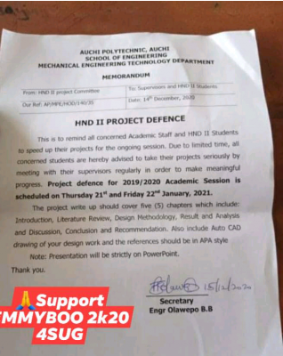 Auchi polytechnic notice on HND II project defense for 2019/2020 session