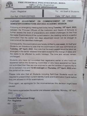 Fed Poly Bida adjustment notice on commencement of 1st semester exam, 2021/2022