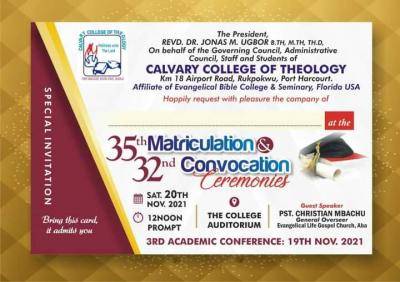 Calvary College of Theology notice on matriculation and graduation ceremonies