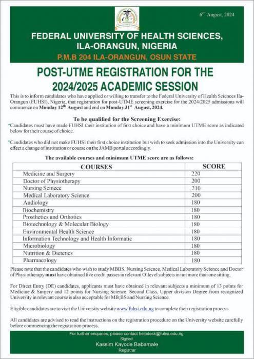 FUHSI Post-UTME 2024: eligibility, cut-off mark, & registration details ...