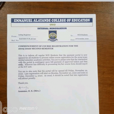 Emmanuel Alayande COE notice on 2nd semester registration for 2019/2020 session