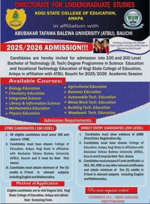 Kogi State COE (ATBU affiliated) releases Admission form, 2025/2026