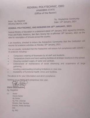 Fed Poly Oko resumption of academic activities