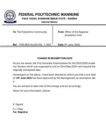 Federal Poly Wannue notice on change of resumption date for 2nd semester, 2025/2026