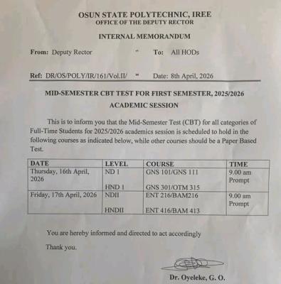 OSPOLY releases mid-semester CBT test schedule for 1st semester, 2025/2026