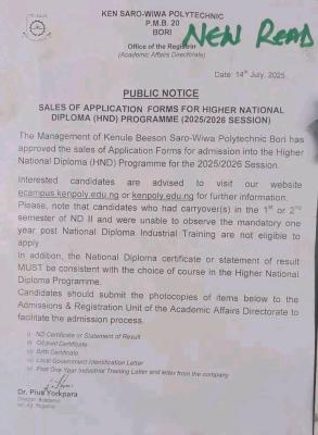 KENPOLY announces HND admission, 2025/2026