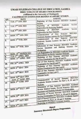 Umar Suleiman College of Education academic calendar, 2023/2024