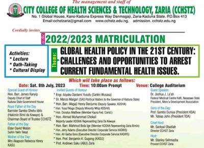 City College of Health Science and Technology, Zaria announces matriculation ceremony for 2022/2023 session