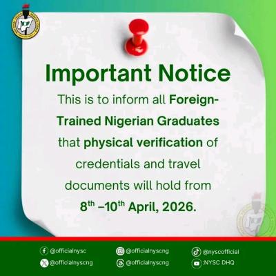 NYSC notice of physical verification of Foreign-Trained Graduates for the 2026 Batch A Stream II