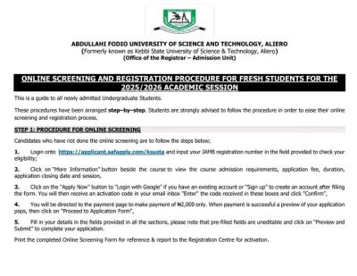 Abdullahi Fodio University of Science & Tech. Registration Procedure for news students, 2025/2026