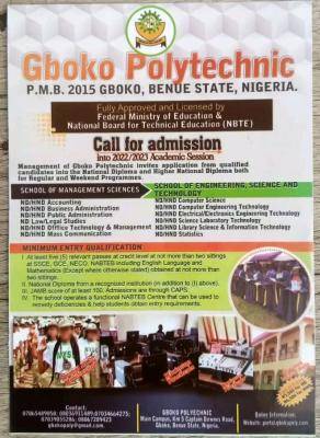 Gboko Polytechnic ND/HND Admission form, 2022/2023