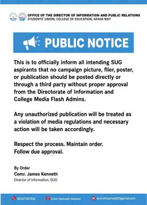 Akwa Ibom State College of Education, Afaha Nsit SUG notice on campaign activities on Campus
