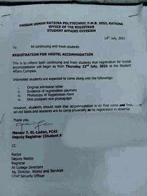 HUKPOLY notice on Hostel accommodation registration