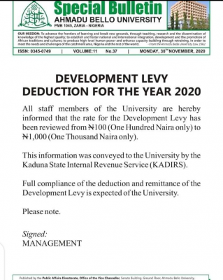 ABU notifies staff of 2020 development levy