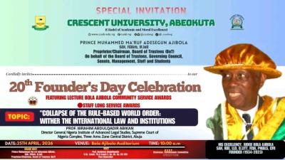 Crescent University announces Founder's Day Lecture as Grand Finale of 20th Anniversary