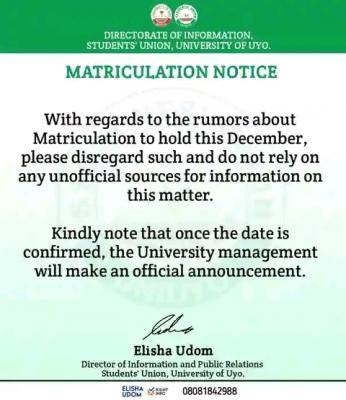 UNIUYO SUG disclaimer notice on matriculation exercise