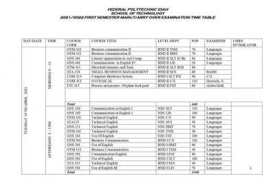 Idah Poly exam time table for 1st semester for 2021/2022 session