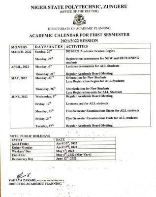 Nigerpoly 1st semester Academic Calendar, 2021/2022