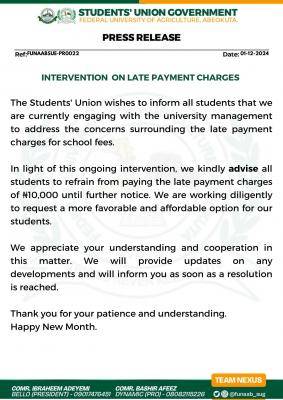 FUNAAB SUG notice regarding charges on late payment of fees