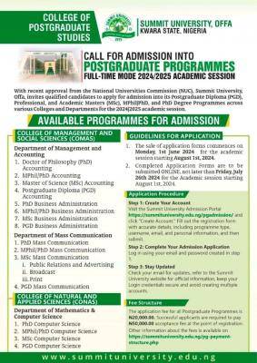 Summit University full-time Postgraduate admission form, 2024/2025
