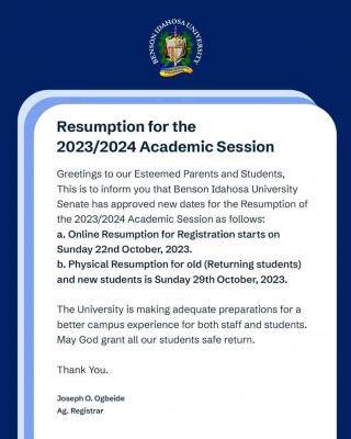 Benson Idahosa University Resumption for the 2023/2024 session