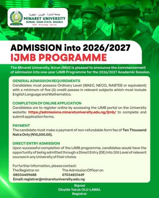Minaret Advertises IJMB Application form, 2026/2027 session