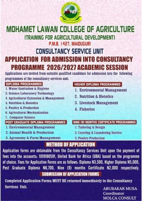 Mohamet Lawan College of Agriculture Opens Consultancy Programme Admissions, 2026/2027
