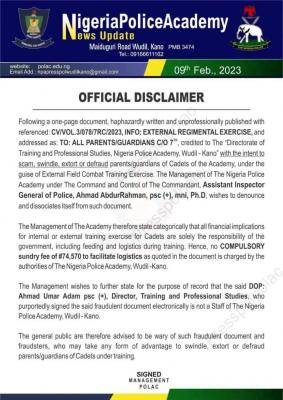 Nigeria Police Academy disclaimer notice