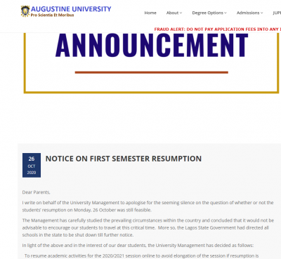 Augustine University Issues Notice on Resumption