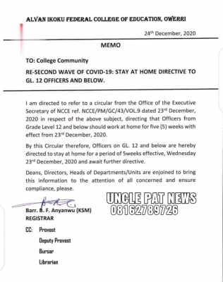 Alvan Ikoku Federal College of Education stay-at-home notice to staff
