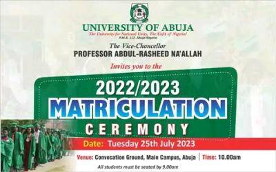 UNIABUJA Matriculation Ceremony for 2022/2023 session to hold 25th July