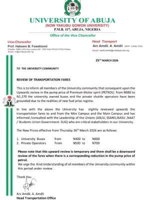 UNIABUJA adjusts transport fare on campus