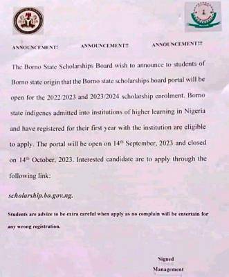 Borno State Scholarship Board announces scholarship for indigenes, 2022/2023 & 2023/2024