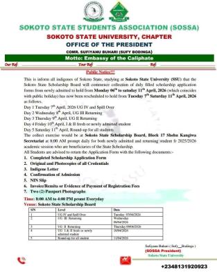 Sokoto State Students Association (SOSSA) update on scholarship application