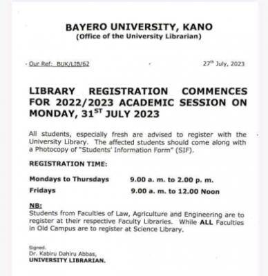 BUK notice on commencement of library registration, 2022/2023