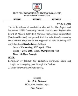 ERCC College of Health Technology notice on rescheduling of CHPRBN Induction Ceremony