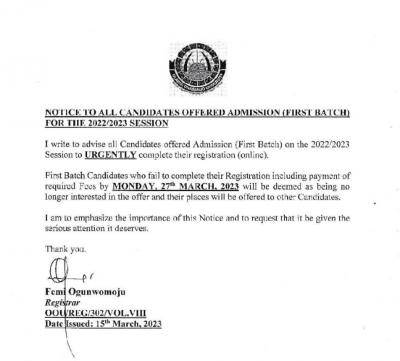 OOU notice to first batch admitted candidates, 2022/2023