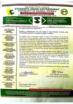 UNN SUG kicks against Hike in services on Campus