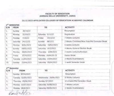 ABU affiliated COE academic calendar schedule, 2022/2023