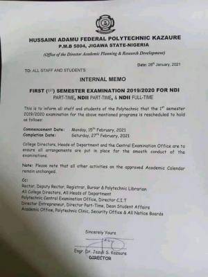 Hussain Adamu Poly 1st semester exam date for 2019/2020 session