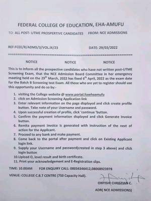 FCE Eha-amufu notice to prospective NCE batch B candidates on screening date, 2021/2022