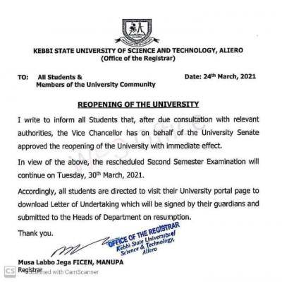 KSUSTA notice on re-opening of the University