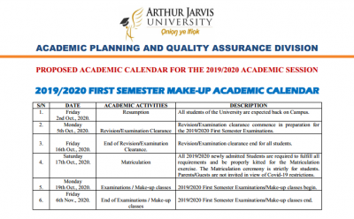 Arthur Jarvis University academic calendar for 2019/2020 session