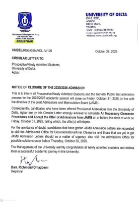 UNIDEL announces closure of 2025 admission process
