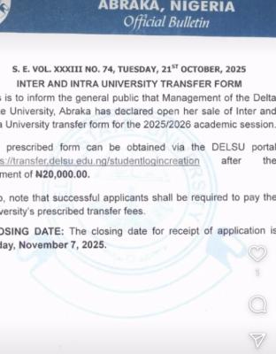DELSU opens Inter- and Intra-university transfer application, 2025/2026